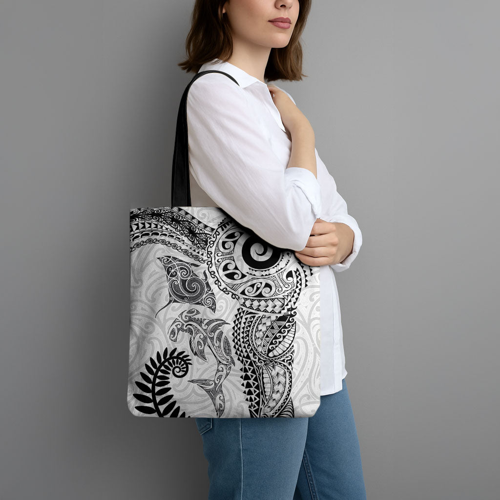 Aotearoa Maori Sea Animals Tribal Tote Bag Manta Ray and Shark Moko Pattern White Color