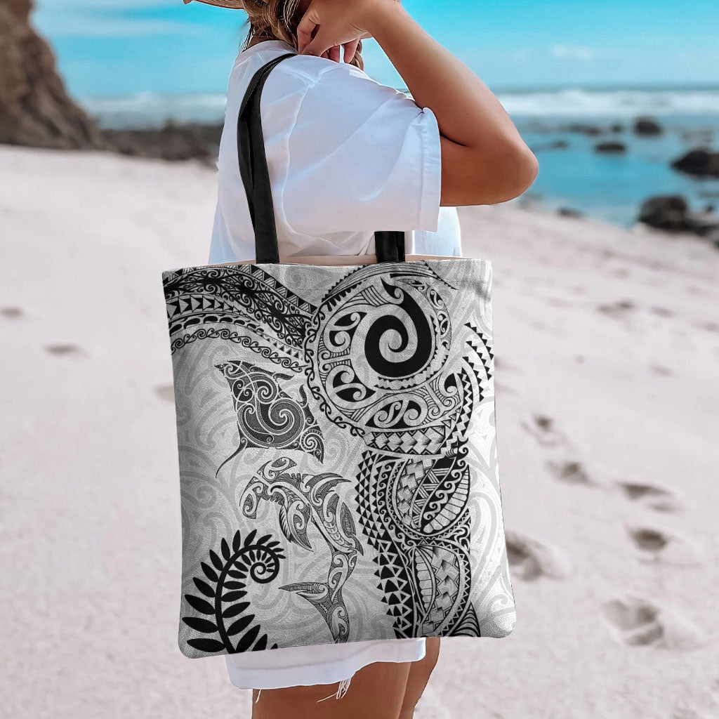 Aotearoa Maori Sea Animals Tribal Tote Bag Manta Ray and Shark Moko Pattern White Color