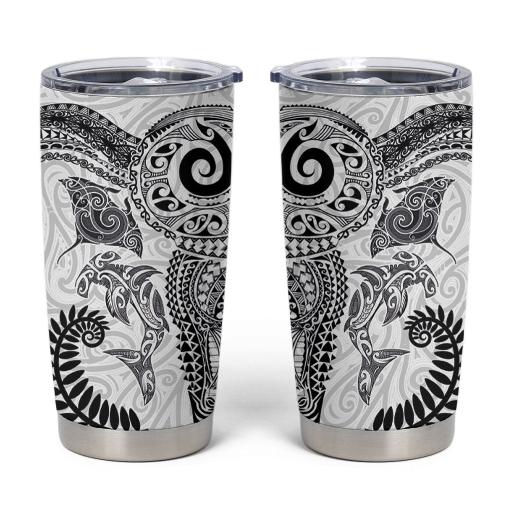 Aotearoa Maori Sea Animals Tribal Tumbler Cup Manta Ray and Shark Moko Pattern White Color