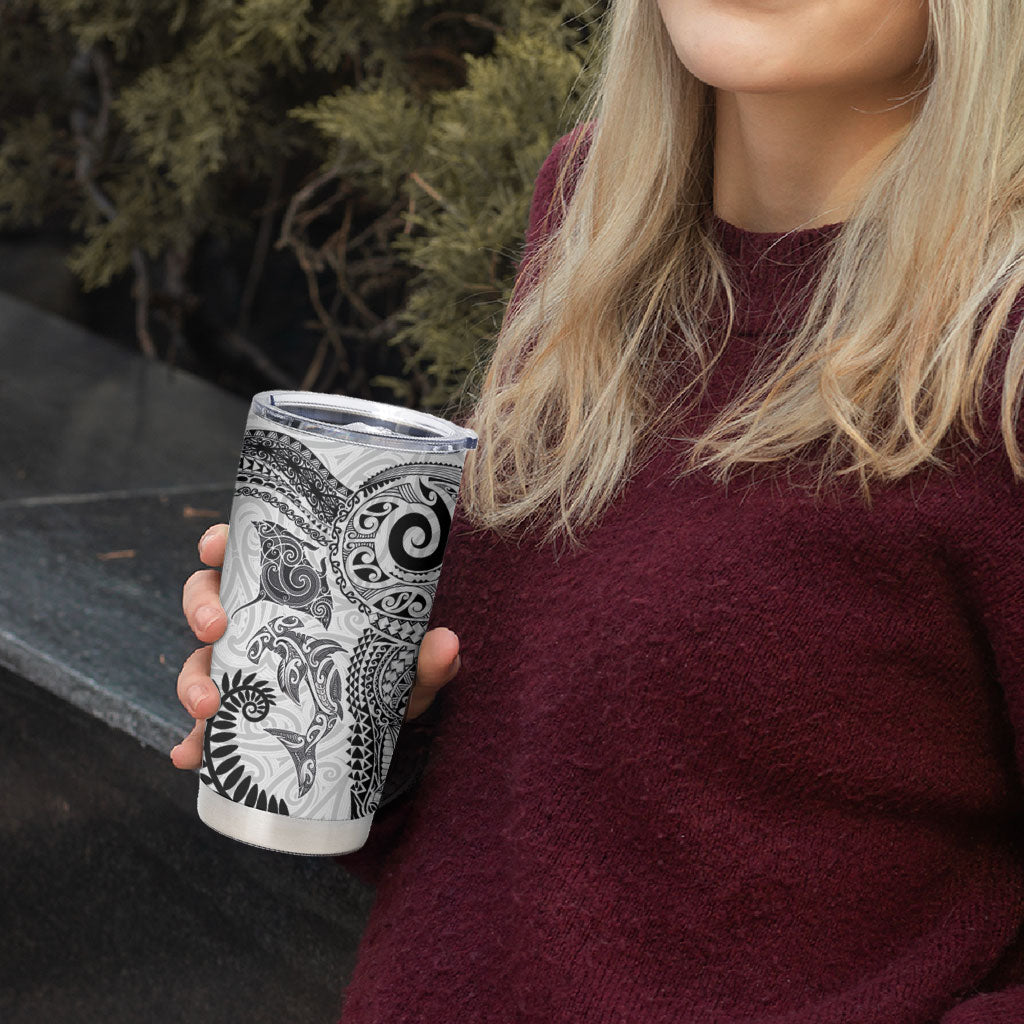 Aotearoa Maori Sea Animals Tribal Tumbler Cup Manta Ray and Shark Moko Pattern White Color