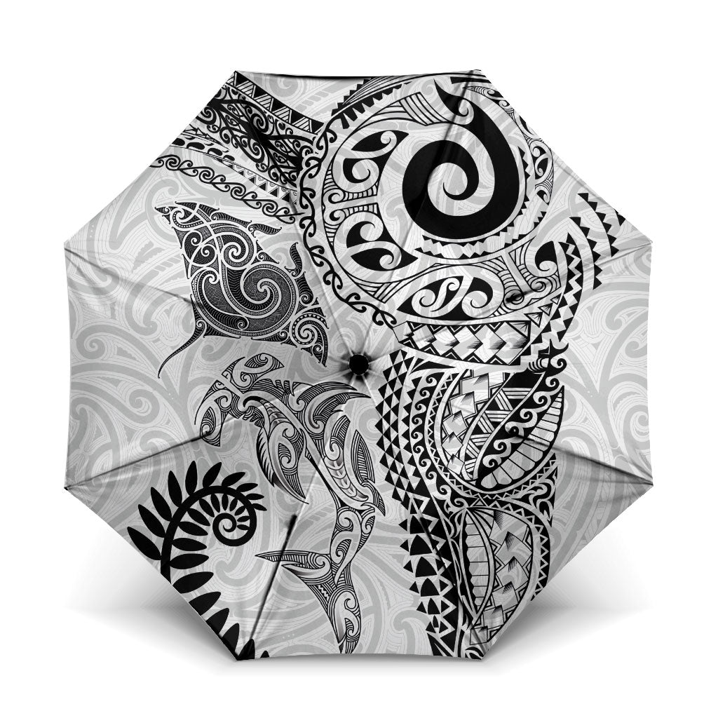 Aotearoa Maori Sea Animals Tribal Umbrella Manta Ray and Shark Moko Pattern White Color