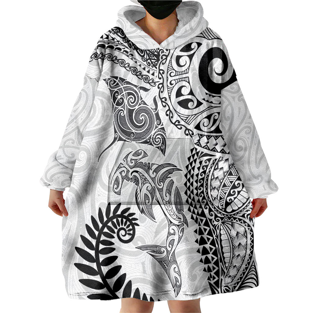 Aotearoa Maori Sea Animals Tribal Wearable Blanket Hoodie Manta Ray and Shark Moko Pattern White Color