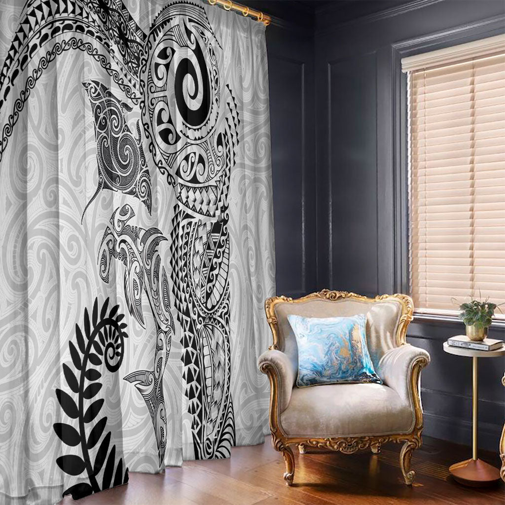 Aotearoa Maori Sea Animals Tribal Window Curtain Manta Ray and Shark Moko Pattern White Color