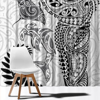 Aotearoa Maori Sea Animals Tribal Window Curtain Manta Ray and Shark Moko Pattern White Color