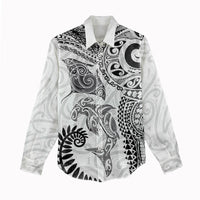 Aotearoa Maori Sea Animals Tribal Women Casual Shirt Manta Ray and Shark Moko Pattern White Color LT03 - Polynesian Pride