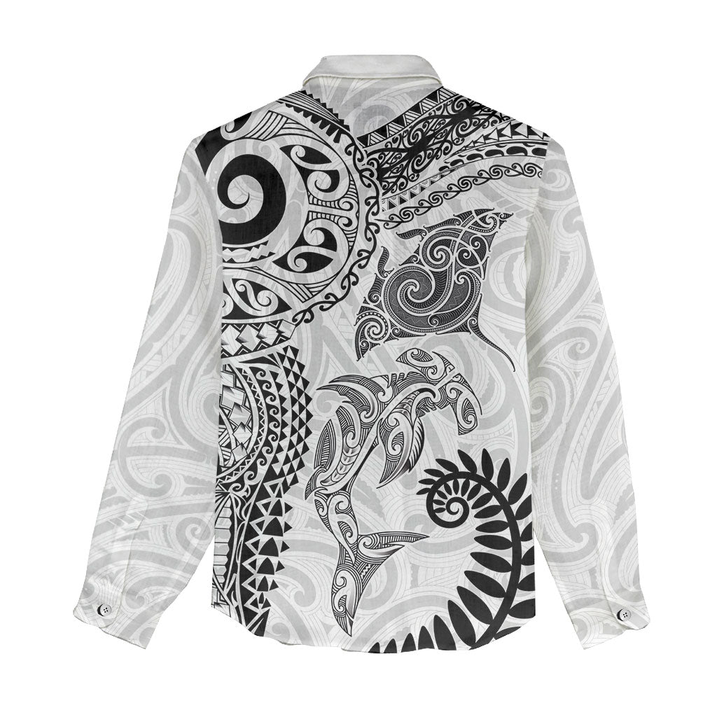 Aotearoa Maori Sea Animals Tribal Women Casual Shirt Manta Ray and Shark Moko Pattern White Color LT03 - Polynesian Pride