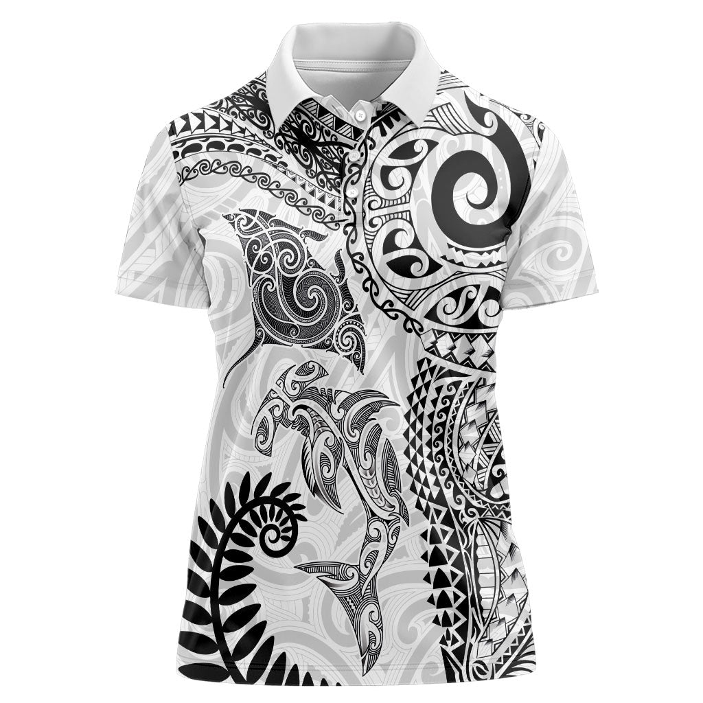 Aotearoa Maori Sea Animals Tribal Women Polo Shirt Manta Ray and Shark Moko Pattern White Color LT03 Female White - Polynesian Pride