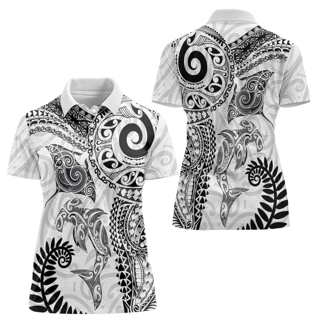 Aotearoa Maori Sea Animals Tribal Women Polo Shirt Manta Ray and Shark Moko Pattern White Color LT03 - Polynesian Pride