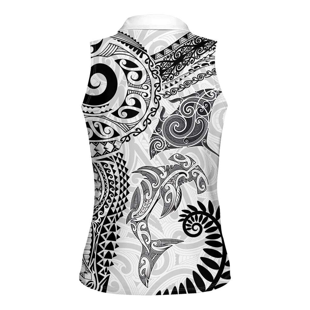 Aotearoa Maori Sea Animals Tribal Women Sleeveless Polo Shirt Manta Ray and Shark Moko Pattern White Color LT03 - Polynesian Pride