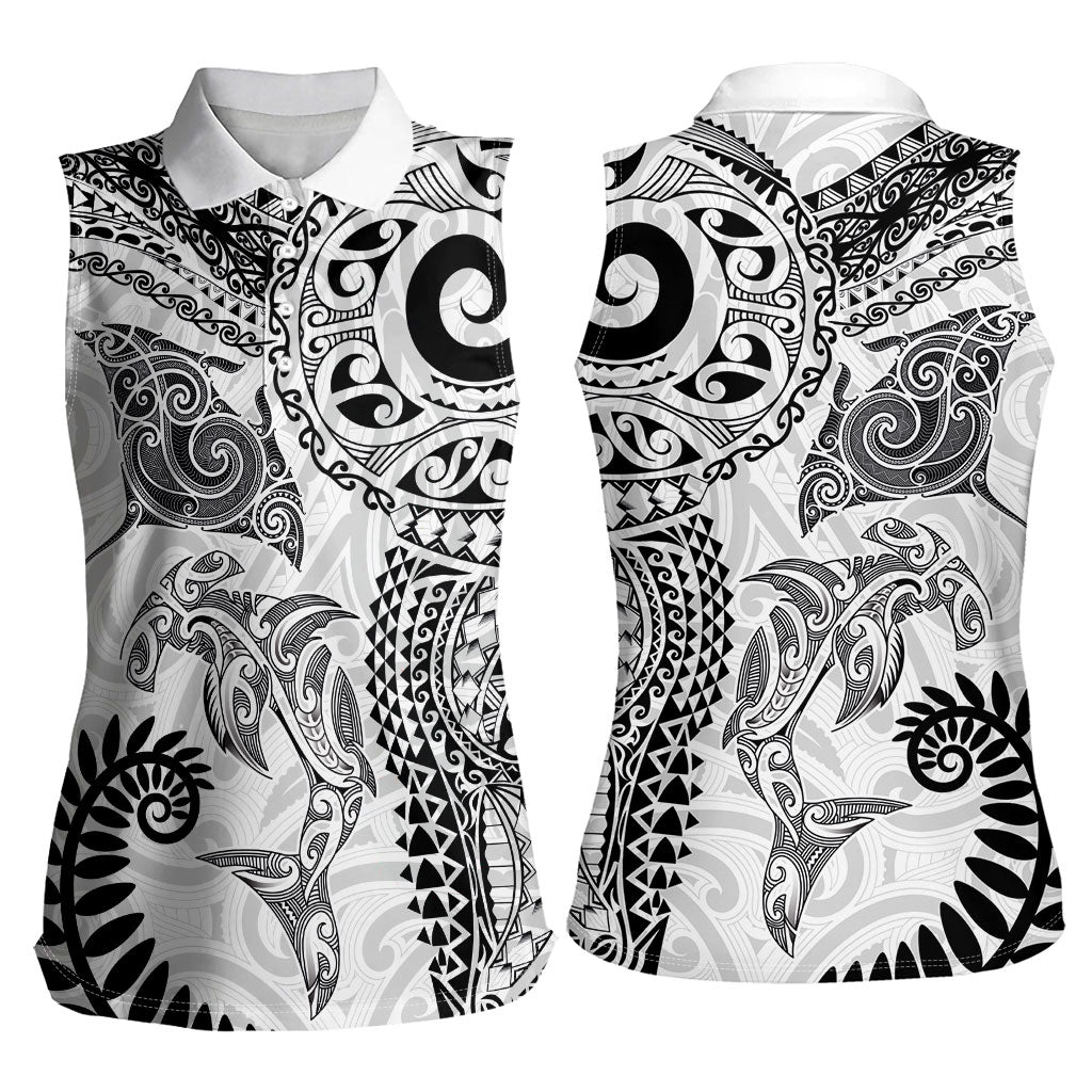 Aotearoa Maori Sea Animals Tribal Women Sleeveless Polo Shirt Manta Ray and Shark Moko Pattern White Color LT03 - Polynesian Pride