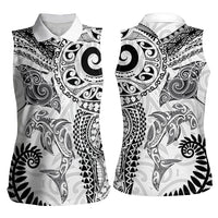 Aotearoa Maori Sea Animals Tribal Women Sleeveless Polo Shirt Manta Ray and Shark Moko Pattern White Color LT03 - Polynesian Pride