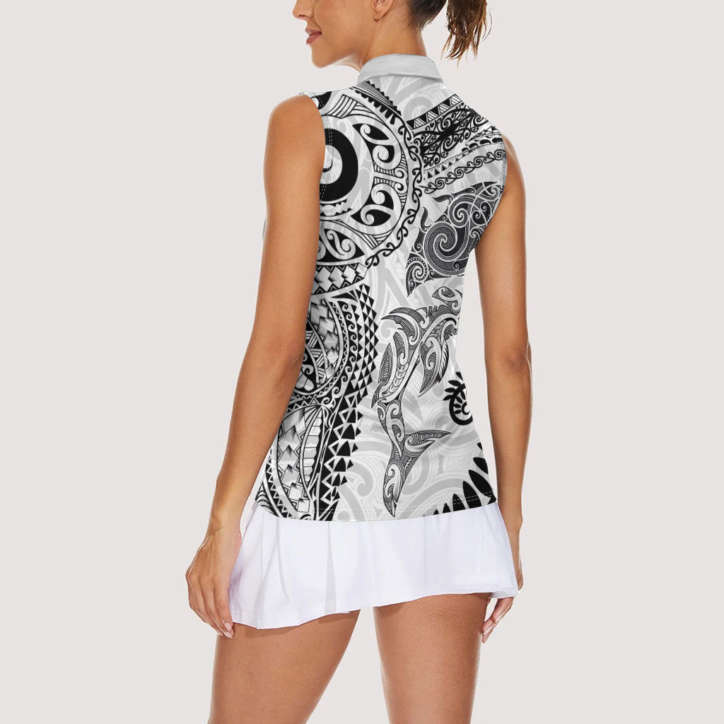 Aotearoa Maori Sea Animals Tribal Women Sleeveless Polo Shirt Manta Ray and Shark Moko Pattern White Color LT03 - Polynesian Pride