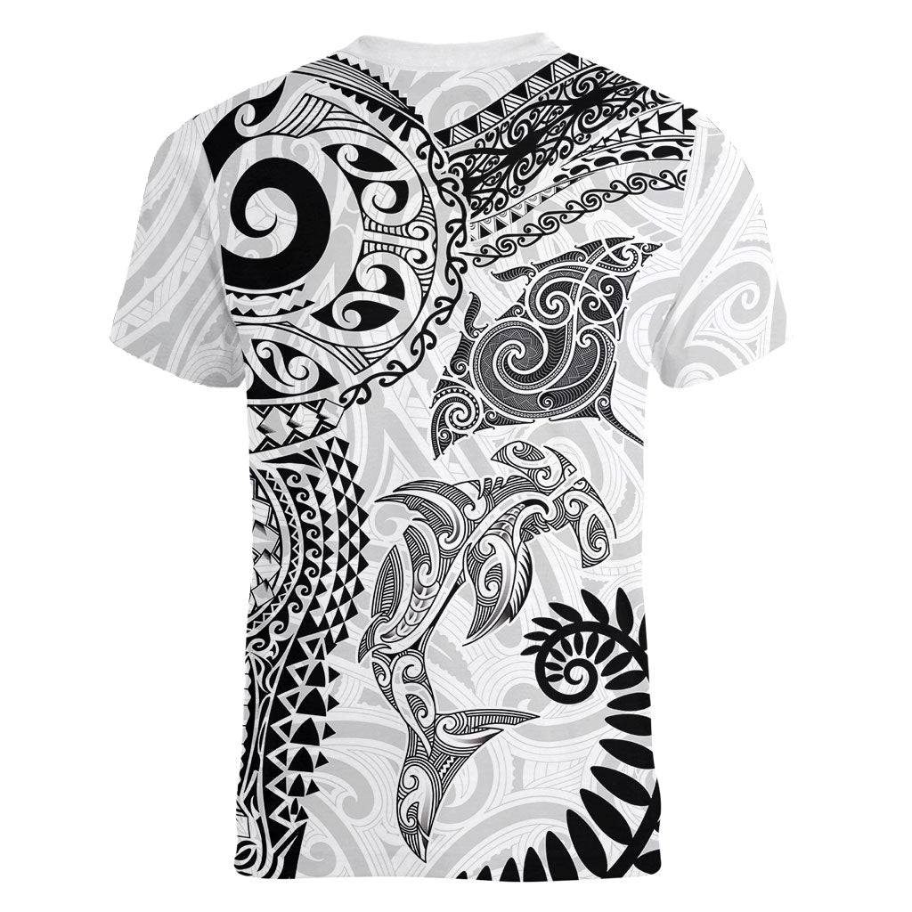 Aotearoa Maori Sea Animals Tribal Women V-Neck T-Shirt Manta Ray and Shark Moko Pattern White Color LT03 - Polynesian Pride