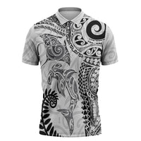 Aotearoa Maori Sea Animals Tribal Zipper Polo Shirt Manta Ray and Shark Moko Pattern White Color