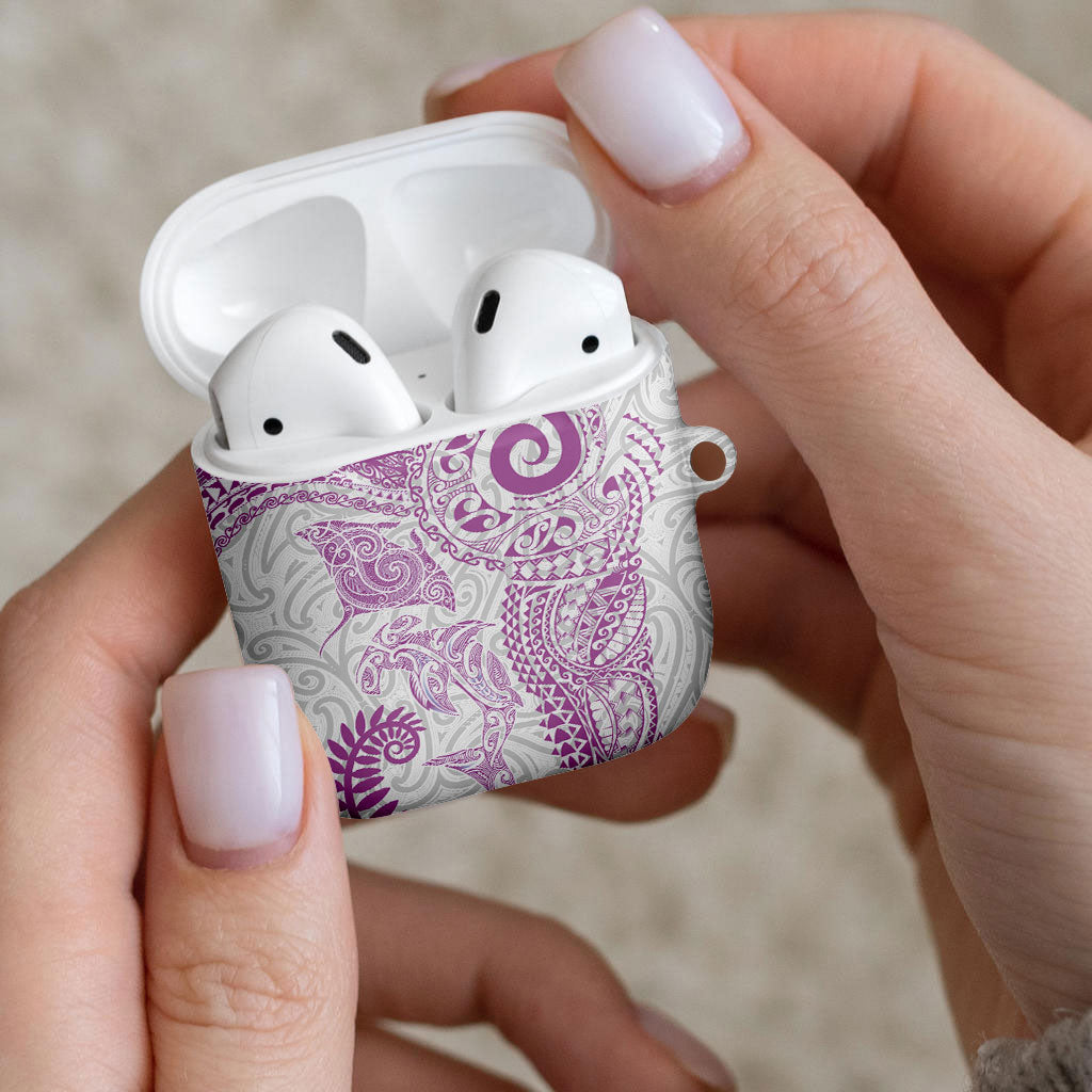Aotearoa Maori Sea Animals Tribal AirPods Case Manta Ray and Shark Moko Pattern Pink Color