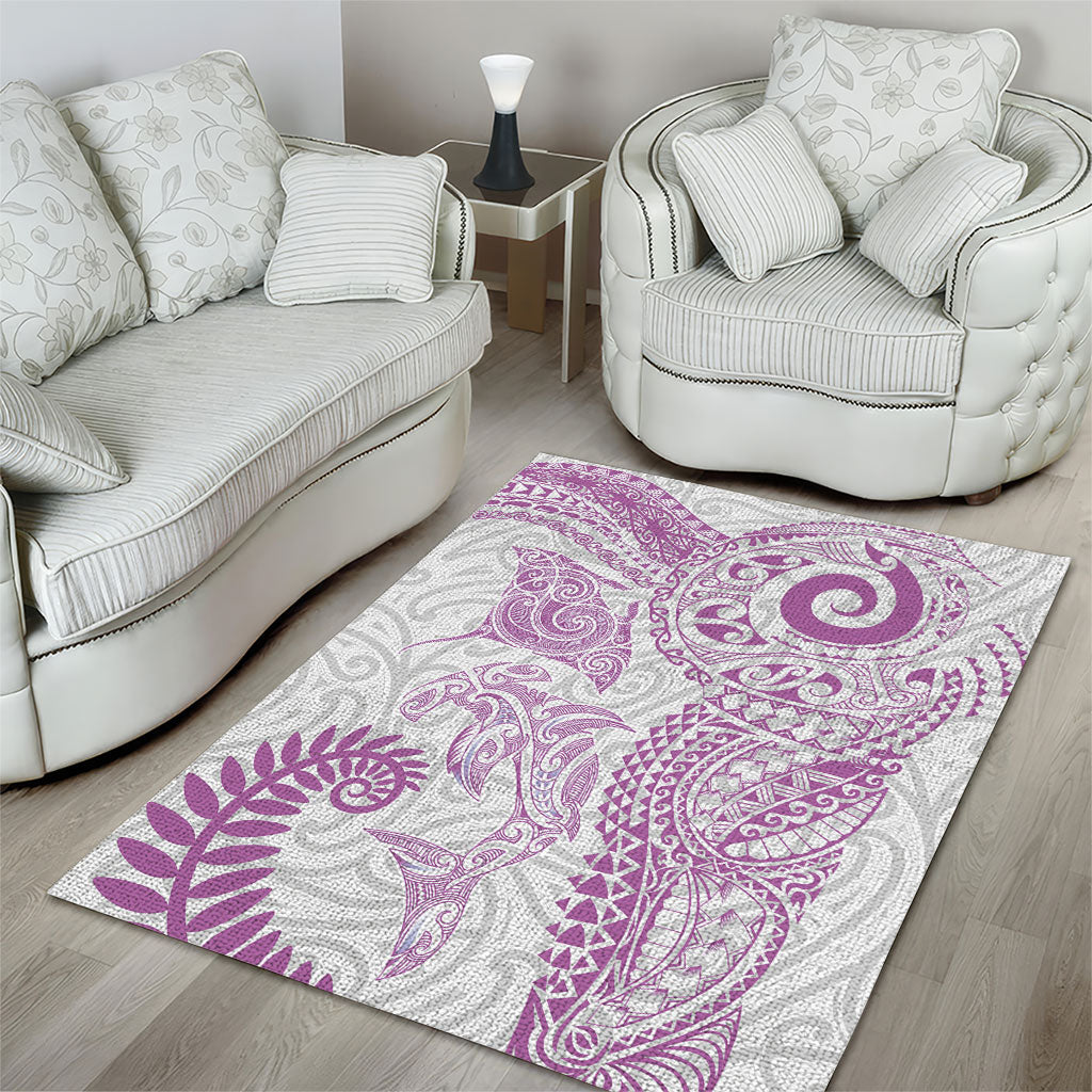 Aotearoa Maori Sea Animals Tribal Area Rug Manta Ray and Shark Moko Pattern Pink Color