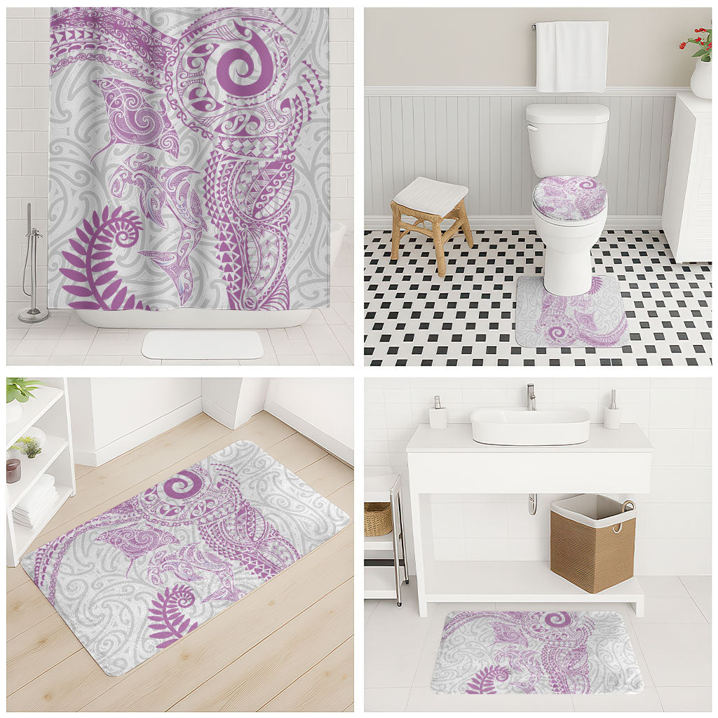 Aotearoa Maori Sea Animals Tribal Bathroom Set Manta Ray and Shark Moko Pattern Pink Color