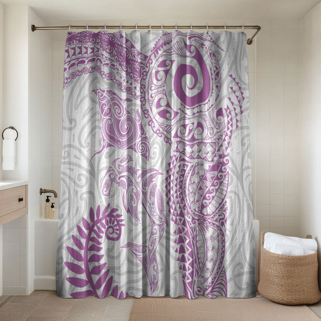 Aotearoa Maori Sea Animals Tribal Bathroom Set Manta Ray and Shark Moko Pattern Pink Color