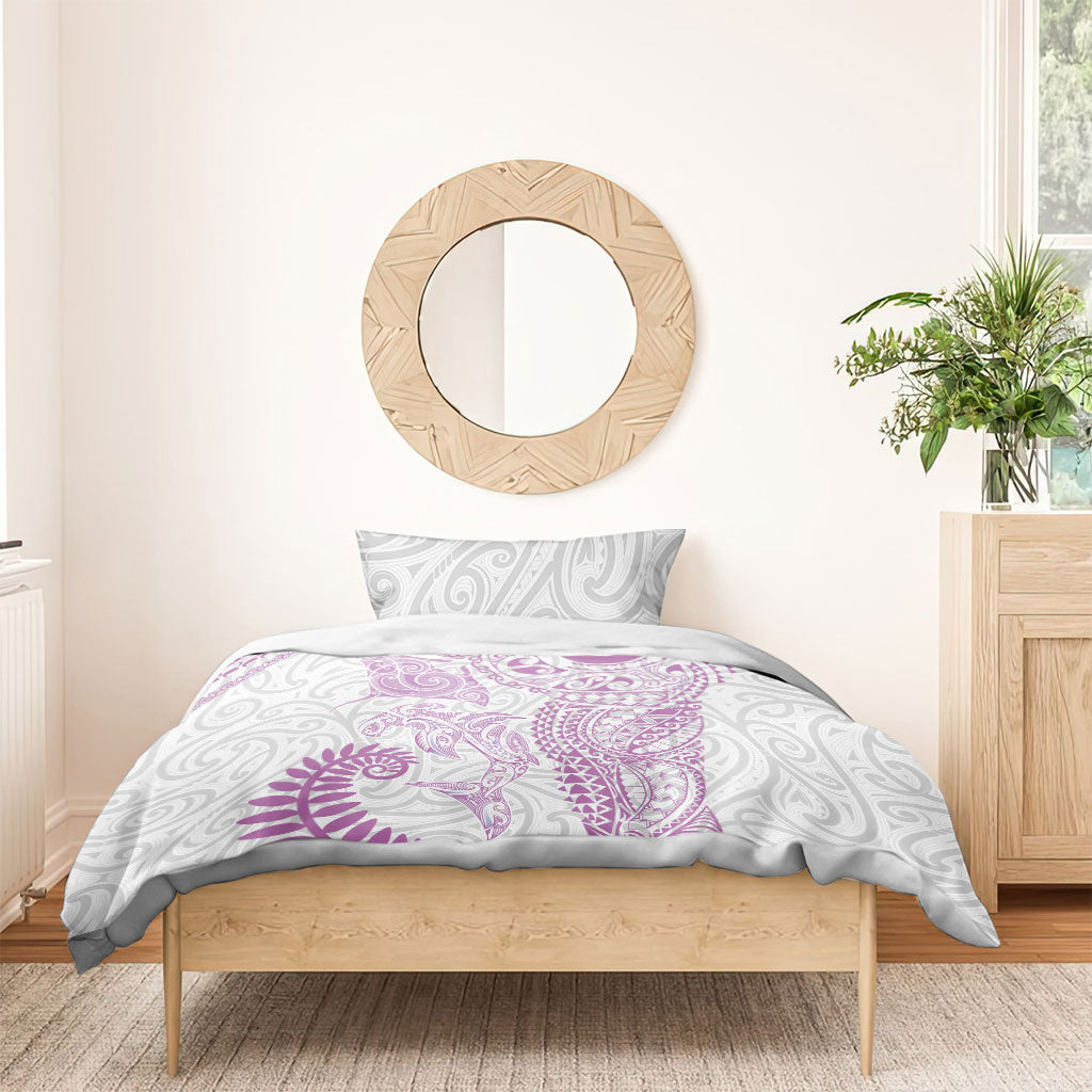 Aotearoa Maori Sea Animals Tribal Bedding Set Manta Ray and Shark Moko Pattern Pink Color