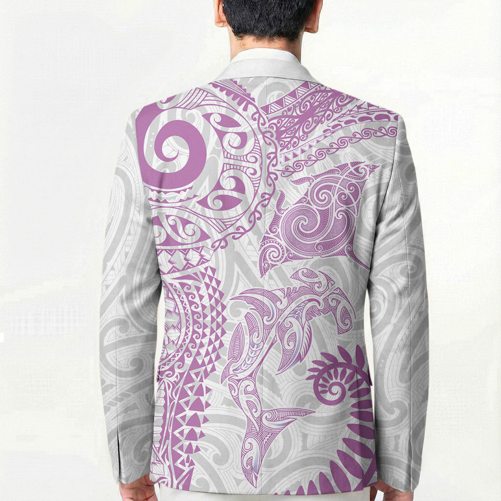 Aotearoa Maori Sea Animals Tribal Blazer Manta Ray and Shark Moko Pattern Pink Color