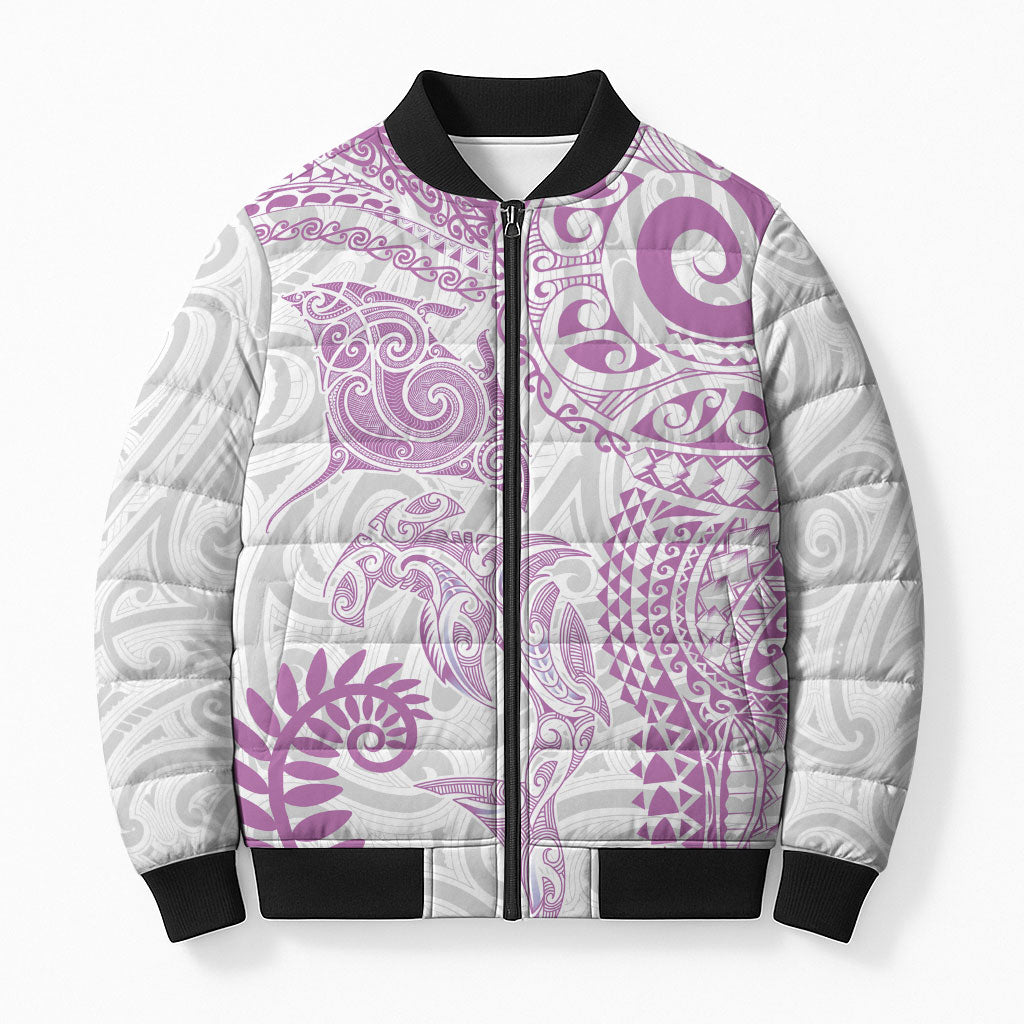 Aotearoa Maori Sea Animals Tribal Bomber Puffer Jacket Manta Ray and Shark Moko Pattern Pink Color