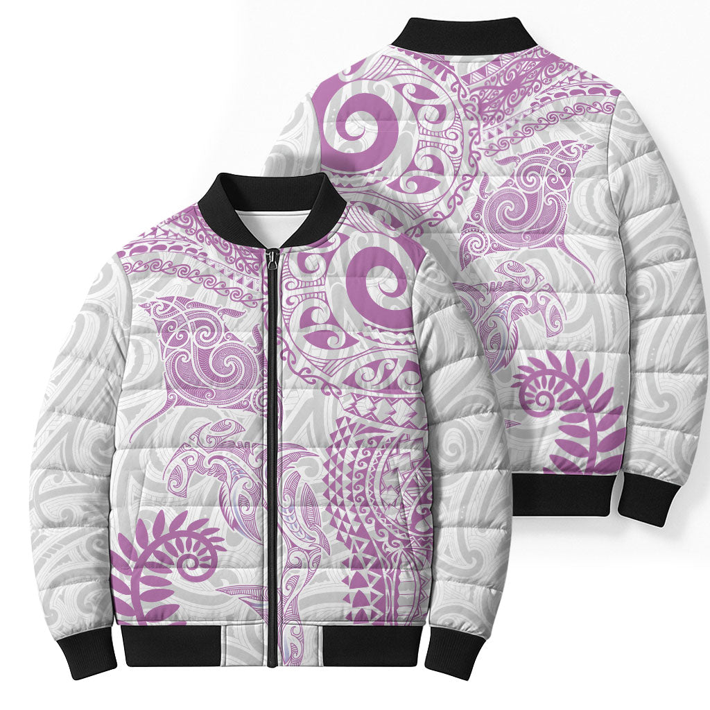 Aotearoa Maori Sea Animals Tribal Bomber Puffer Jacket Manta Ray and Shark Moko Pattern Pink Color