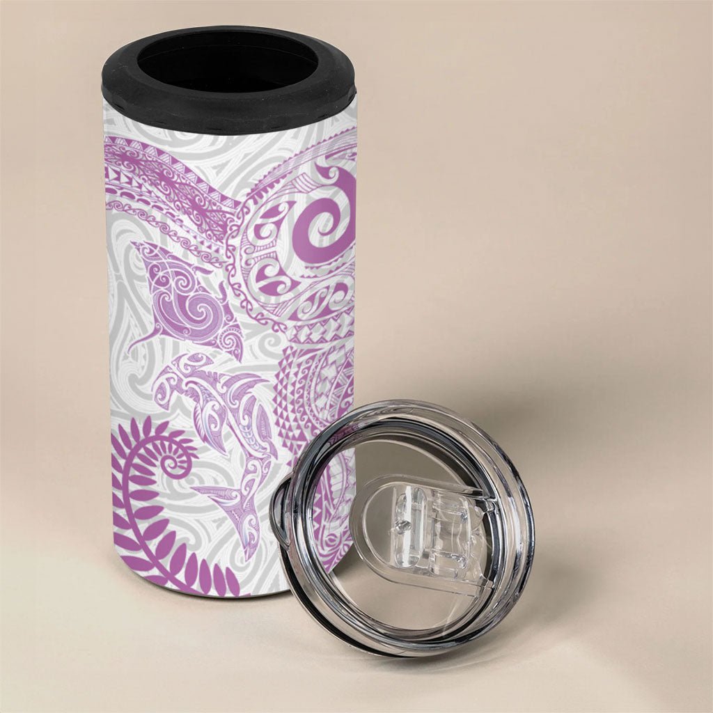 Aotearoa Maori Sea Animals Tribal 4 in 1 Can Cooler Tumbler Manta Ray and Shark Moko Pattern Pink Color LT03 - Polynesian Pride
