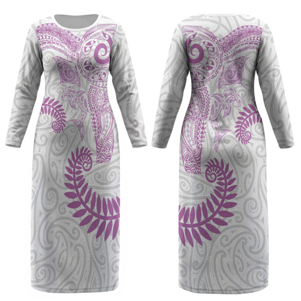 Aotearoa Maori Sea Animals Tribal Couples Matching Long Sleeve Bodycon Dress and Hawaiian Shirt Manta Ray and Shark Moko Pattern Pink Color LT03 - Polynesian Pride