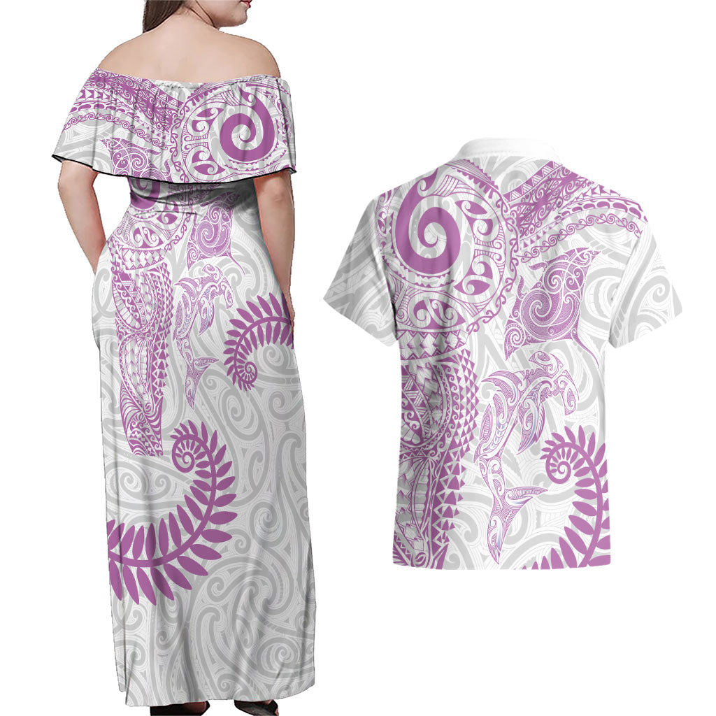 Aotearoa Maori Sea Animals Tribal Couples Matching Off Shoulder Maxi Dress and Hawaiian Shirt Manta Ray and Shark Moko Pattern Pink Color LT03 - Polynesian Pride