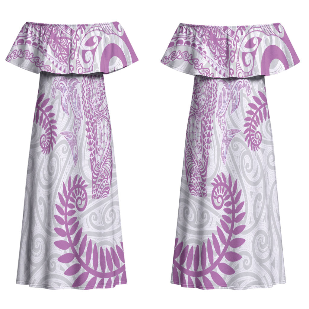 Aotearoa Maori Sea Animals Tribal Couples Matching Off Shoulder Maxi Dress and Hawaiian Shirt Manta Ray and Shark Moko Pattern Pink Color LT03 - Polynesian Pride