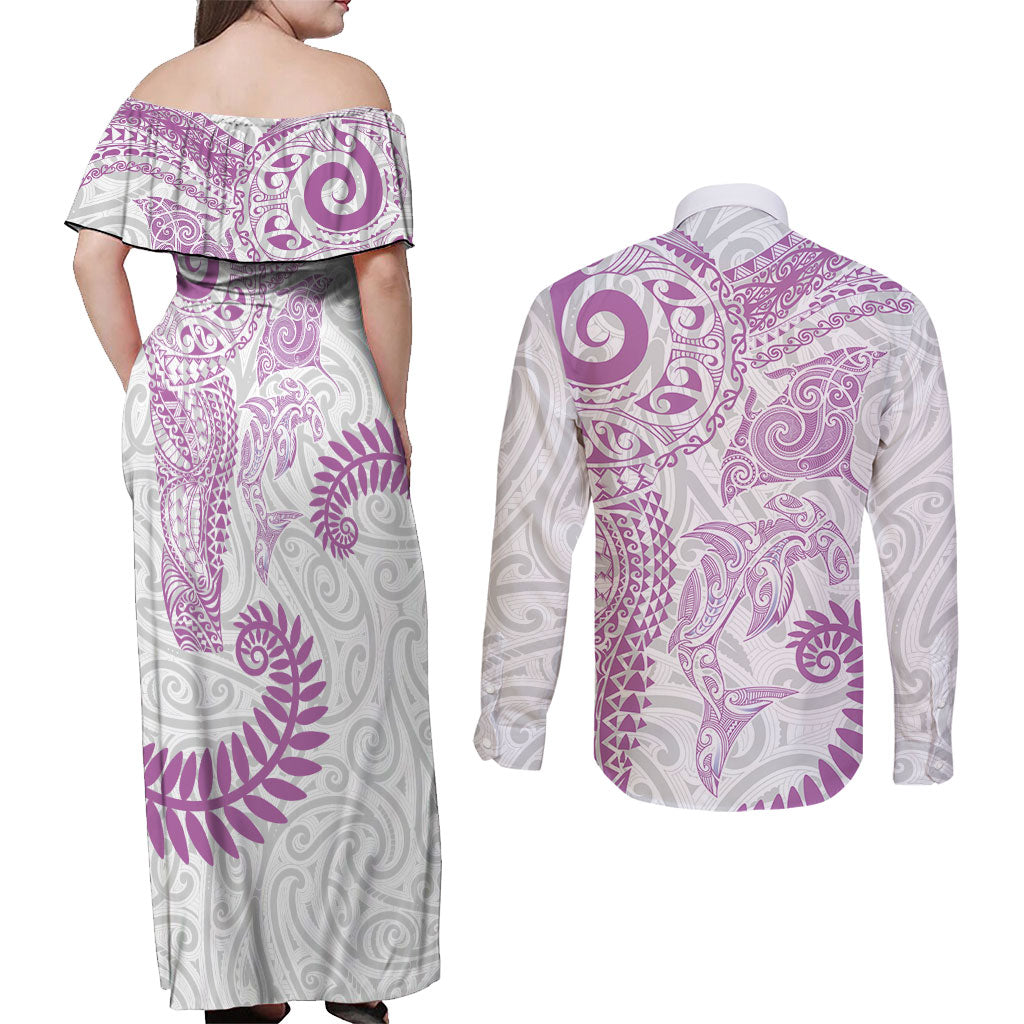 Aotearoa Maori Sea Animals Tribal Couples Matching Off Shoulder Maxi Dress and Long Sleeve Button Shirt Manta Ray and Shark Moko Pattern Pink Color LT03 - Polynesian Pride