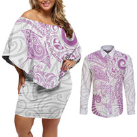 Aotearoa Maori Sea Animals Tribal Couples Matching Off Shoulder Short Dress and Long Sleeve Button Shirt Manta Ray and Shark Moko Pattern Pink Color LT03 Pink - Polynesian Pride