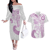 Aotearoa Maori Sea Animals Tribal Couples Matching Off The Shoulder Long Sleeve Dress and Hawaiian Shirt Manta Ray and Shark Moko Pattern Pink Color LT03 Pink - Polynesian Pride