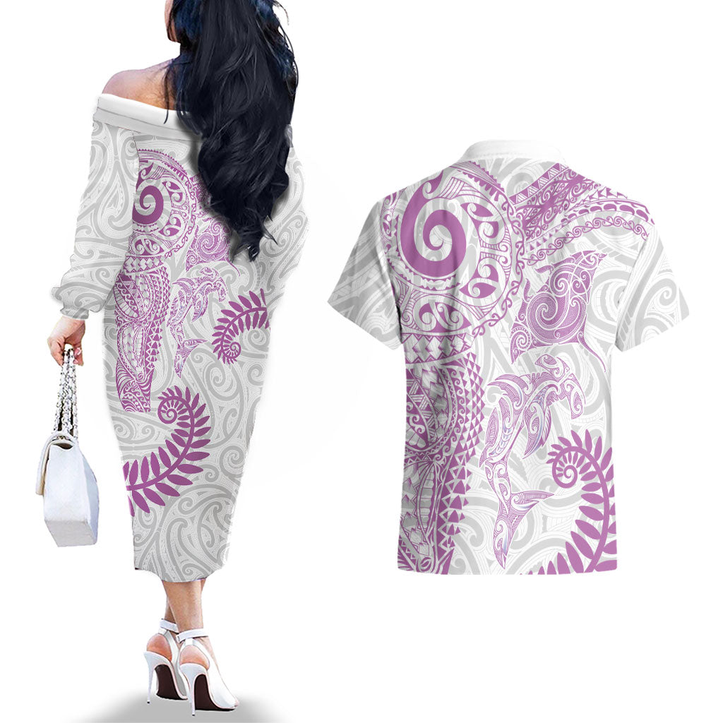 Aotearoa Maori Sea Animals Tribal Couples Matching Off The Shoulder Long Sleeve Dress and Hawaiian Shirt Manta Ray and Shark Moko Pattern Pink Color LT03 - Polynesian Pride