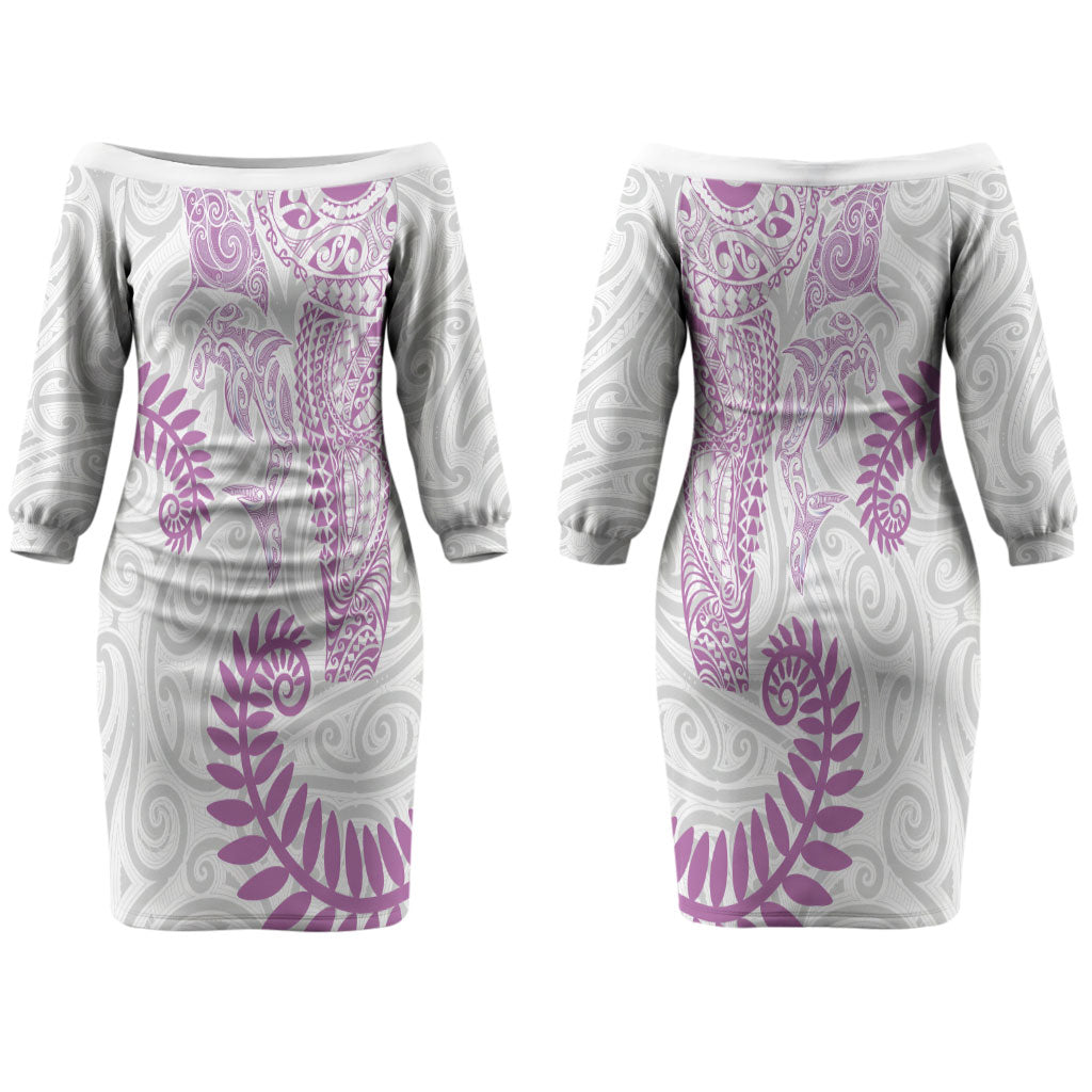 Aotearoa Maori Sea Animals Tribal Couples Matching Off The Shoulder Long Sleeve Dress and Long Sleeve Button Shirt Manta Ray and Shark Moko Pattern Pink Color LT03 - Polynesian Pride