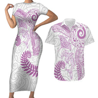 Aotearoa Maori Sea Animals Tribal Couples Matching Short Sleeve Bodycon Dress and Hawaiian Shirt Manta Ray and Shark Moko Pattern Pink Color LT03 Pink - Polynesian Pride