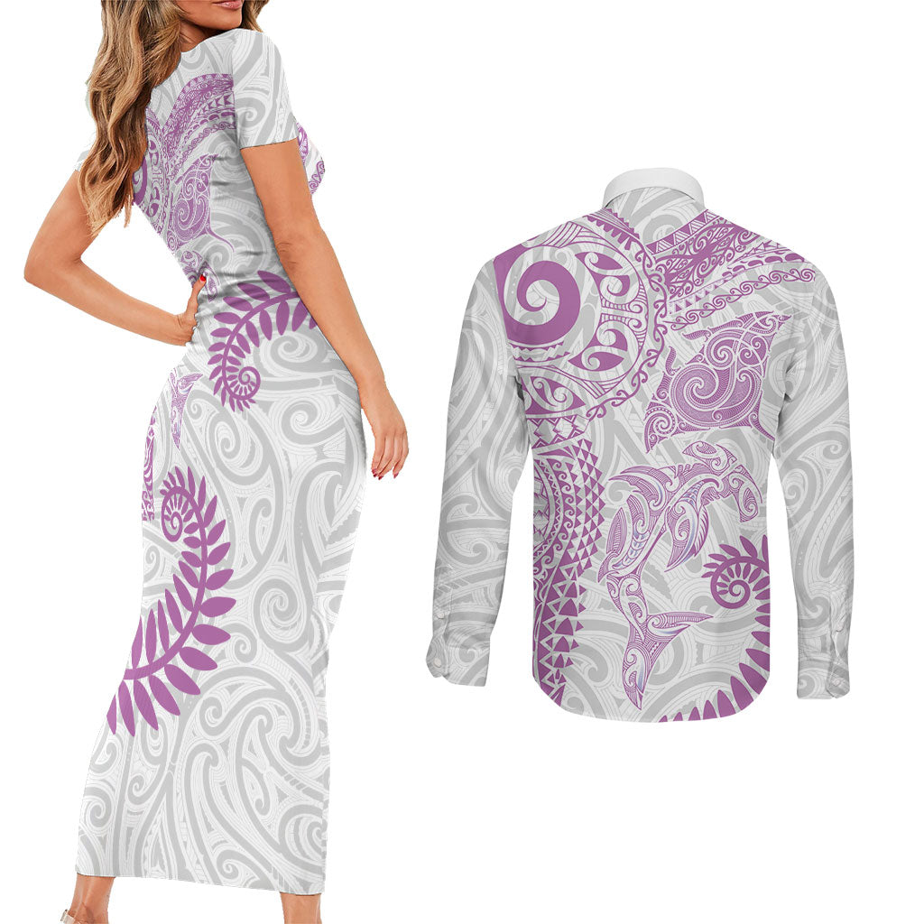 Aotearoa Maori Sea Animals Tribal Couples Matching Short Sleeve Bodycon Dress and Long Sleeve Button Shirt Manta Ray and Shark Moko Pattern Pink Color LT03 - Polynesian Pride