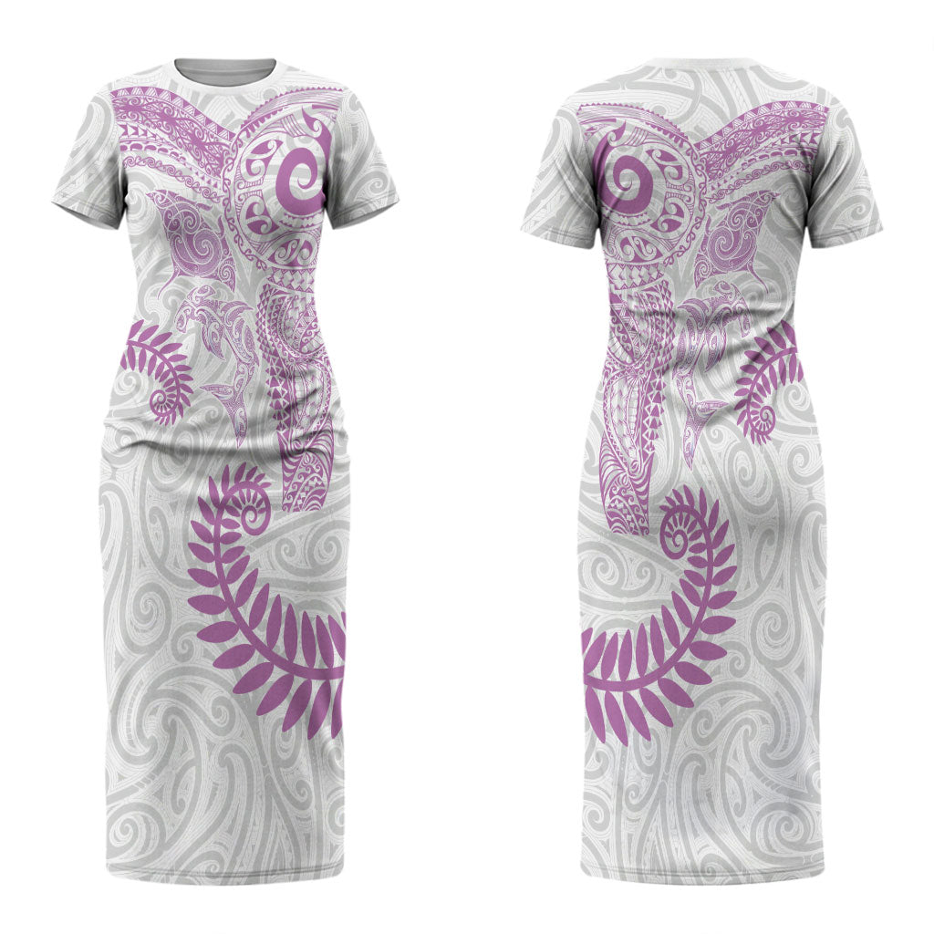 Aotearoa Maori Sea Animals Tribal Couples Matching Short Sleeve Bodycon Dress and Long Sleeve Button Shirt Manta Ray and Shark Moko Pattern Pink Color LT03 - Polynesian Pride