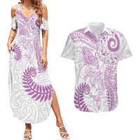Aotearoa Maori Sea Animals Tribal Couples Matching Summer Maxi Dress and Hawaiian Shirt Manta Ray and Shark Moko Pattern Pink Color LT03 Pink - Polynesian Pride