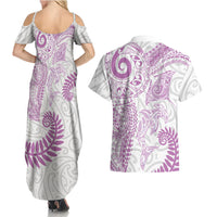 Aotearoa Maori Sea Animals Tribal Couples Matching Summer Maxi Dress and Hawaiian Shirt Manta Ray and Shark Moko Pattern Pink Color LT03 - Polynesian Pride