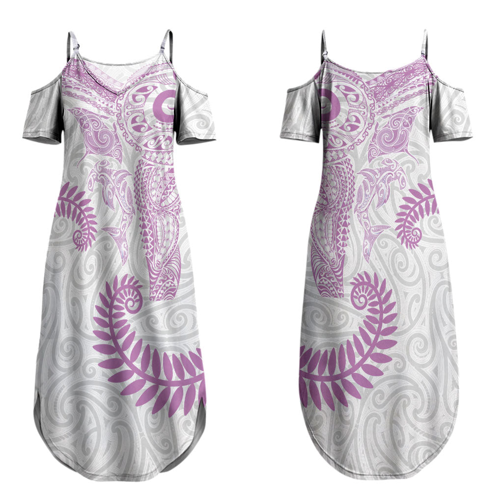 Aotearoa Maori Sea Animals Tribal Couples Matching Summer Maxi Dress and Hawaiian Shirt Manta Ray and Shark Moko Pattern Pink Color LT03 - Polynesian Pride