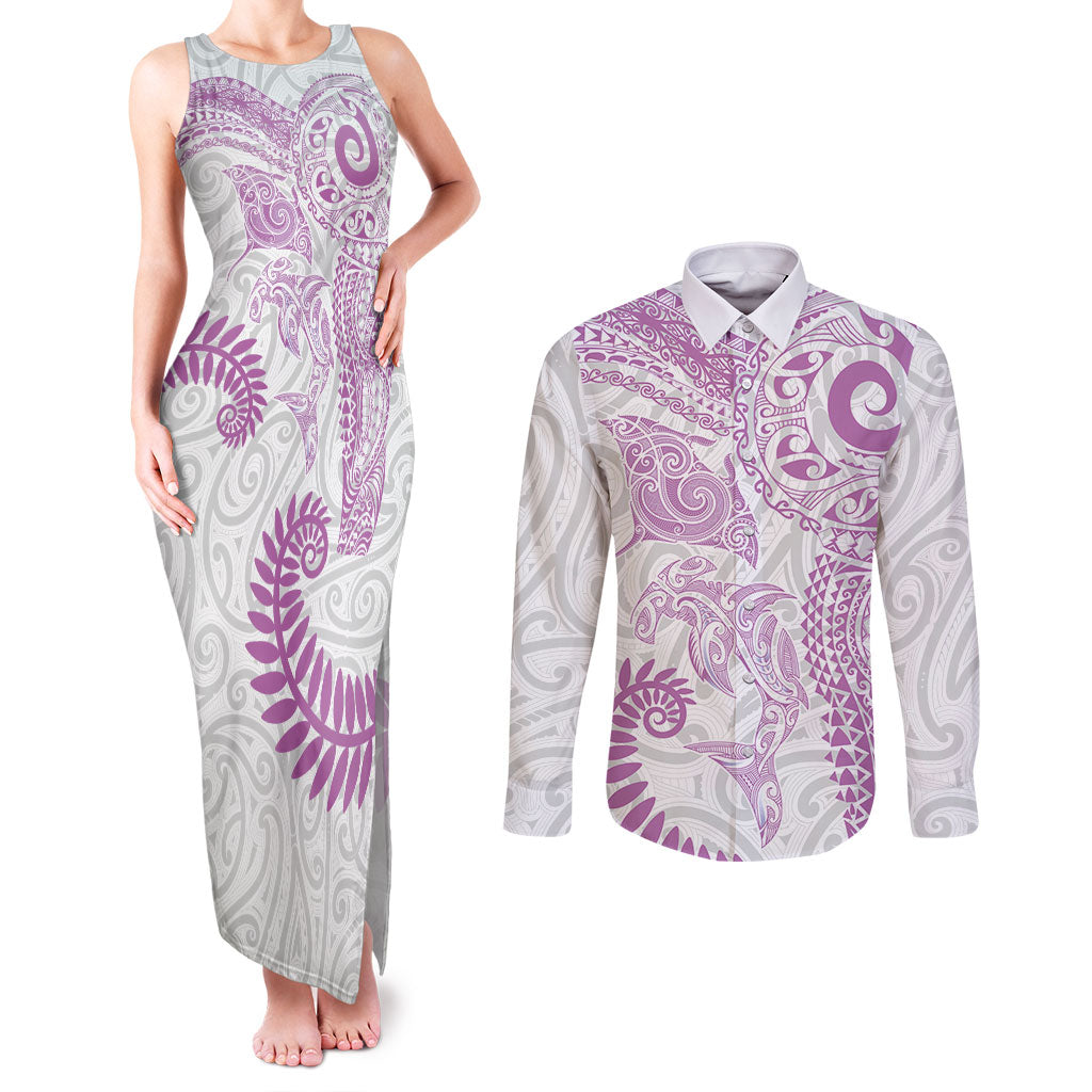 Aotearoa Maori Sea Animals Tribal Couples Matching Tank Maxi Dress and Long Sleeve Button Shirt Manta Ray and Shark Moko Pattern Pink Color LT03 Pink - Polynesian Pride