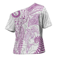 Aotearoa Maori Sea Animals Tribal Cross Shoulder Shirt Manta Ray and Shark Moko Pattern Pink Color