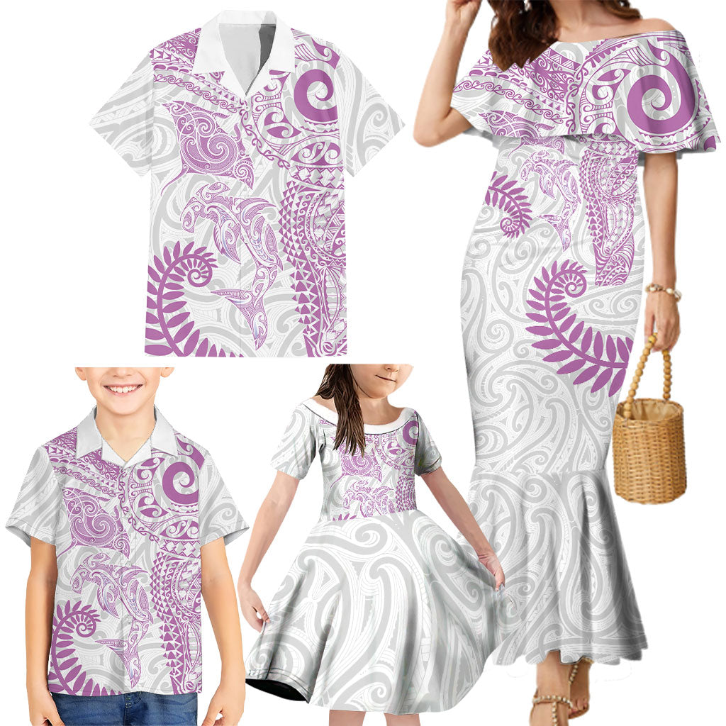 Aotearoa Maori Sea Animals Tribal Family Matching Mermaid Dress and Hawaiian Shirt Manta Ray and Shark Moko Pattern Pink Color LT03 - Polynesian Pride