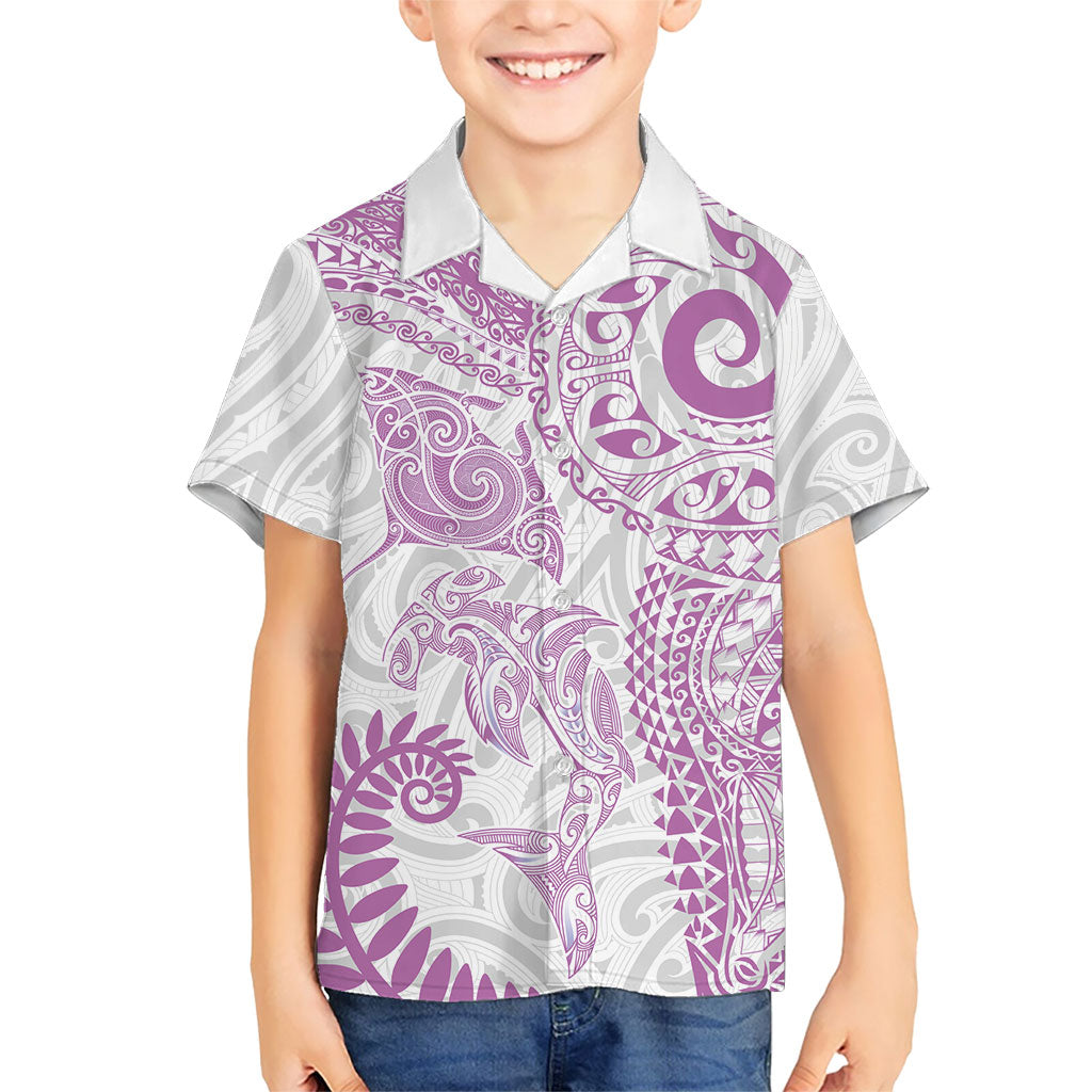 Aotearoa Maori Sea Animals Tribal Family Matching Off The Shoulder Long Sleeve Dress and Hawaiian Shirt Manta Ray and Shark Moko Pattern Pink Color LT03 Son's Shirt Pink - Polynesian Pride