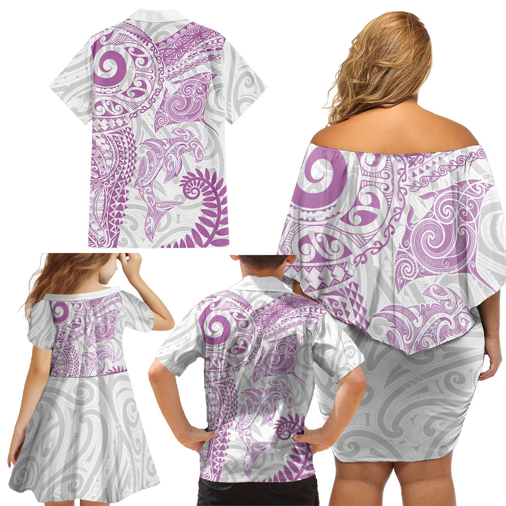 Aotearoa Maori Sea Animals Tribal Family Matching Off Shoulder Short Dress and Hawaiian Shirt Manta Ray and Shark Moko Pattern Pink Color LT03 - Polynesian Pride