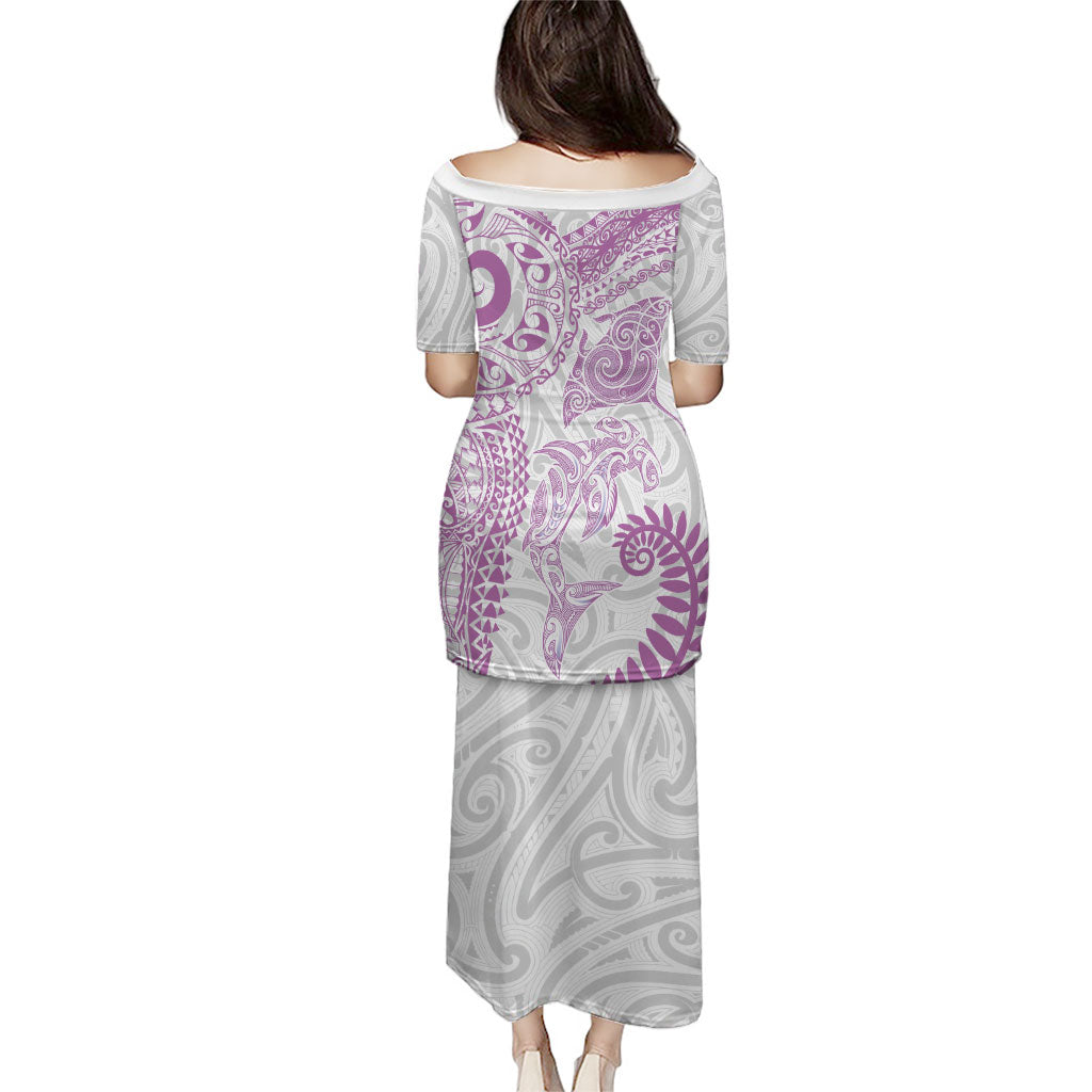 Aotearoa Maori Sea Animals Tribal Family Matching Puletasi and Hawaiian Shirt Manta Ray and Shark Moko Pattern Pink Color LT03 - Polynesian Pride