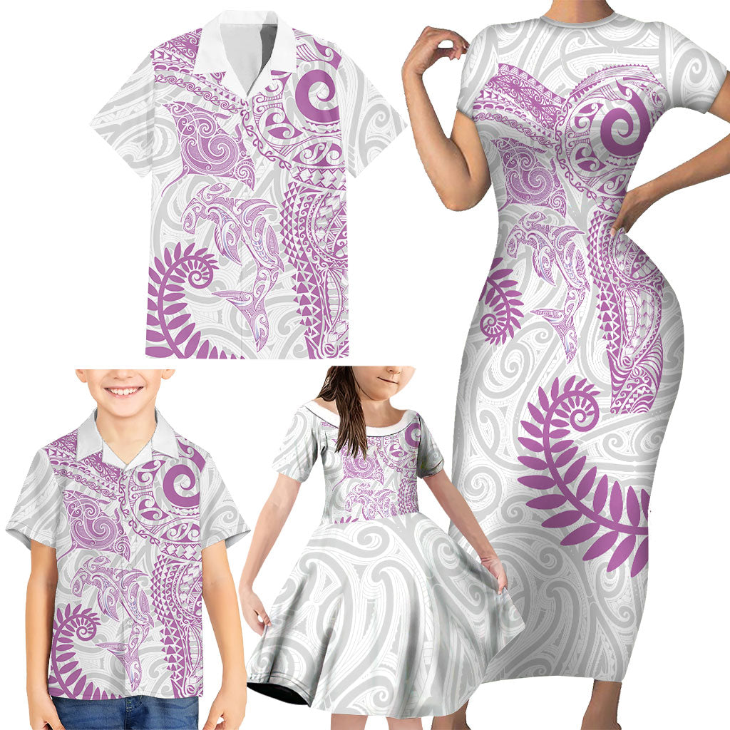 Aotearoa Maori Sea Animals Tribal Family Matching Short Sleeve Bodycon Dress and Hawaiian Shirt Manta Ray and Shark Moko Pattern Pink Color LT03 - Polynesian Pride