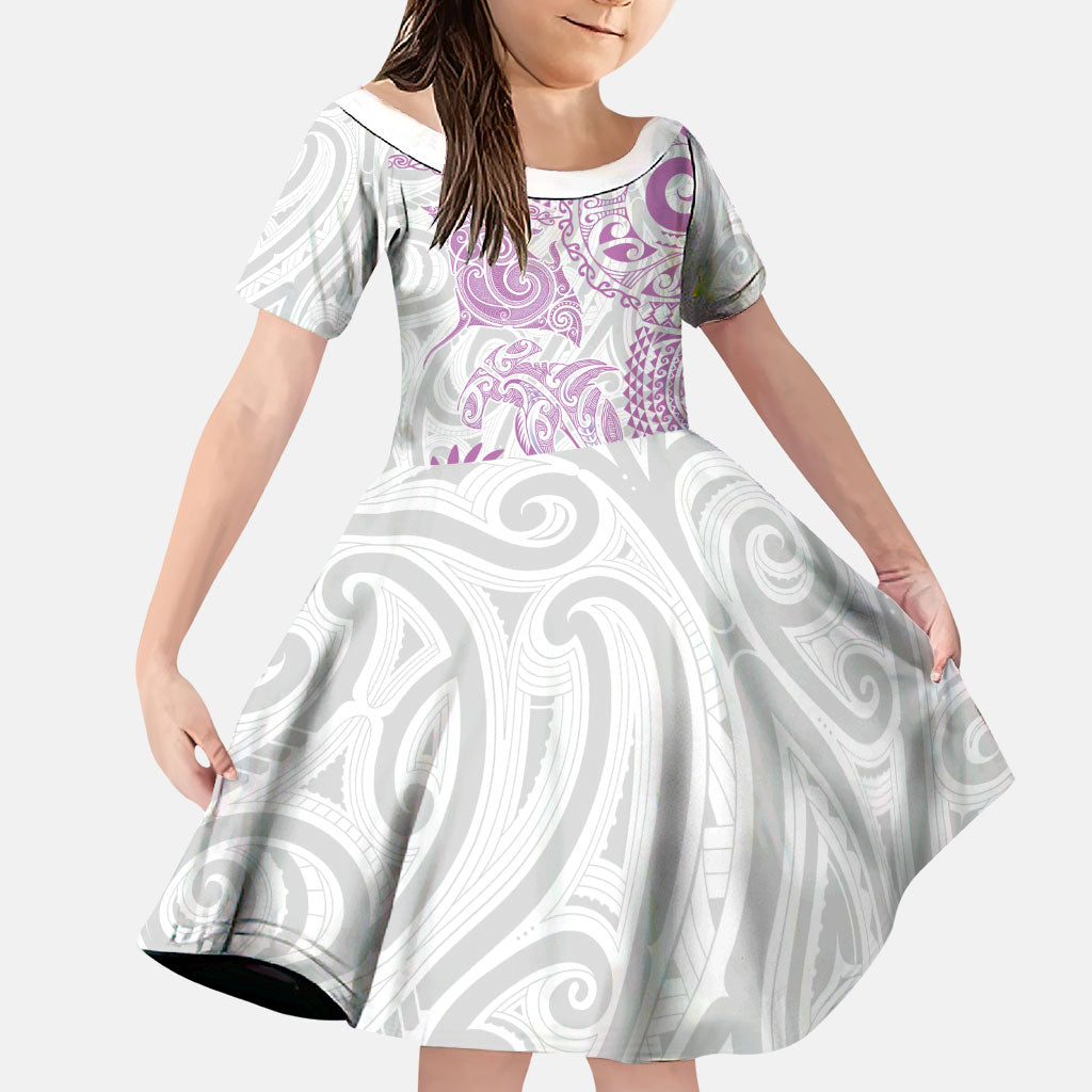 Aotearoa Maori Sea Animals Tribal Family Matching Summer Maxi Dress and Hawaiian Shirt Manta Ray and Shark Moko Pattern Pink Color LT03 Daughter's Dress Pink - Polynesian Pride