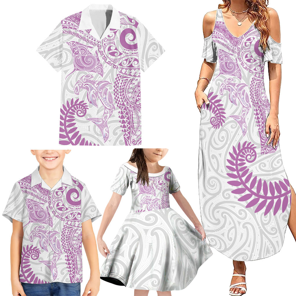 Aotearoa Maori Sea Animals Tribal Family Matching Summer Maxi Dress and Hawaiian Shirt Manta Ray and Shark Moko Pattern Pink Color